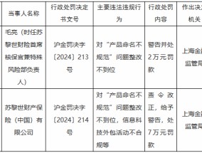 苏黎世财险被罚7万元：对“产品命名不规范”问题整改不到位，信息科技外包活动不合规等