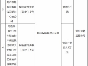 中华财险铜川中心支公司因部分保险赔付不及时被罚8万元